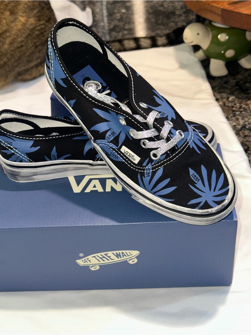 Vans Womens Authentic Black with Blue Palm-Print Sneakers